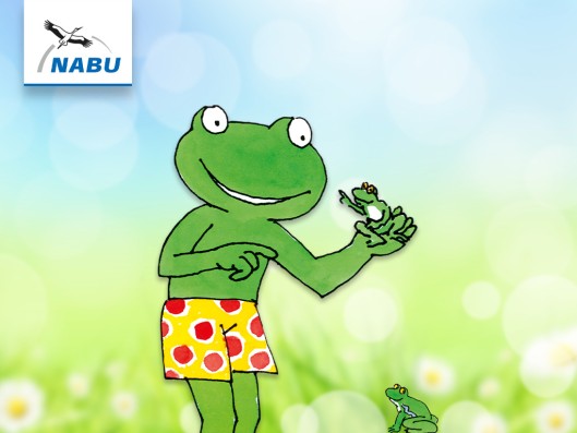 Nabu-Logo und Comicfrosch mit Slogan Frosch sch&uuml;tzt Fr&ouml;sche.