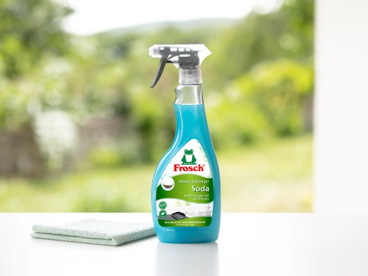 A Frosch power-cleaner active soda trigger bottle stands nex